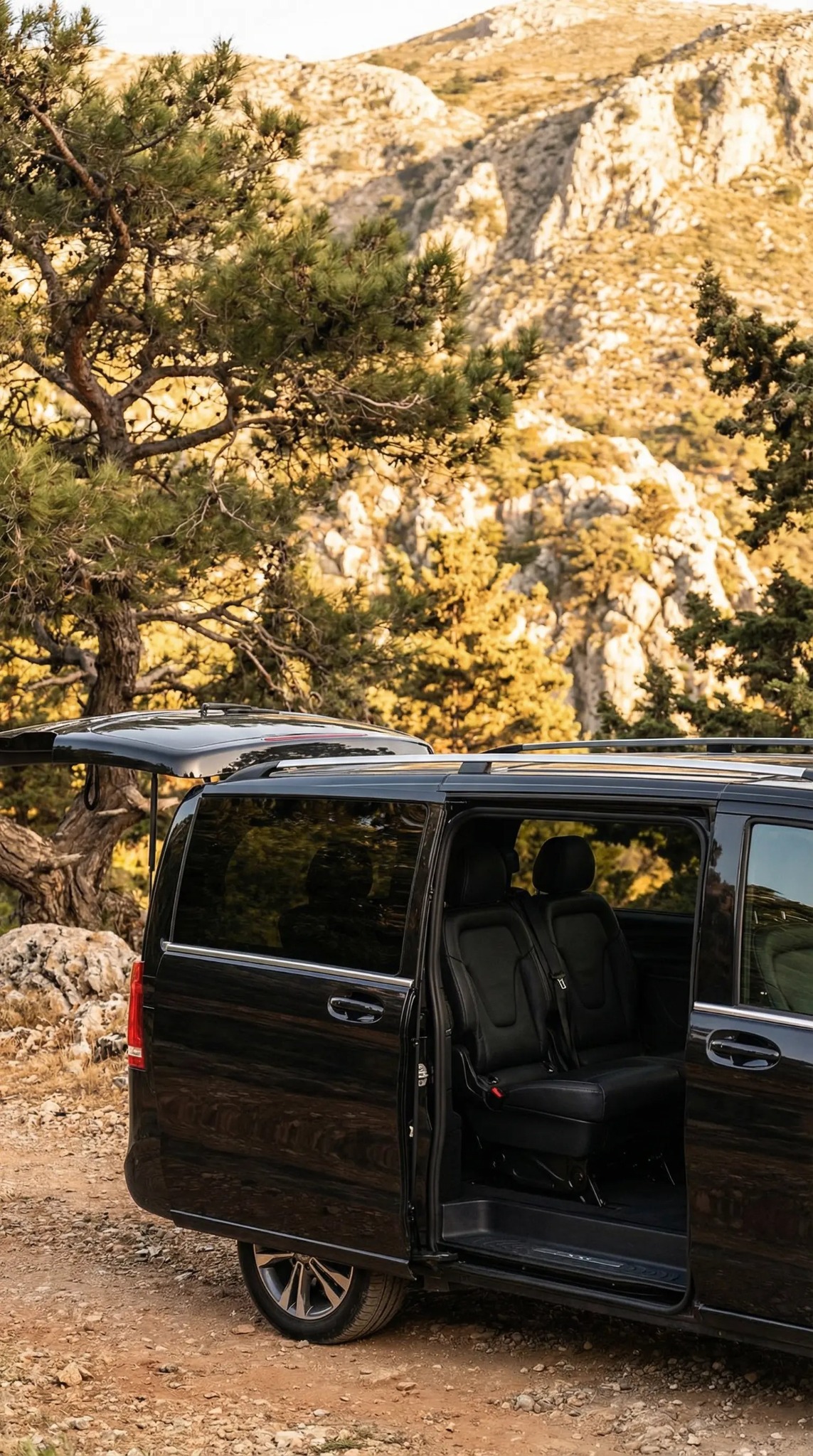 Drive Me minivan interior seating with open sliding door
